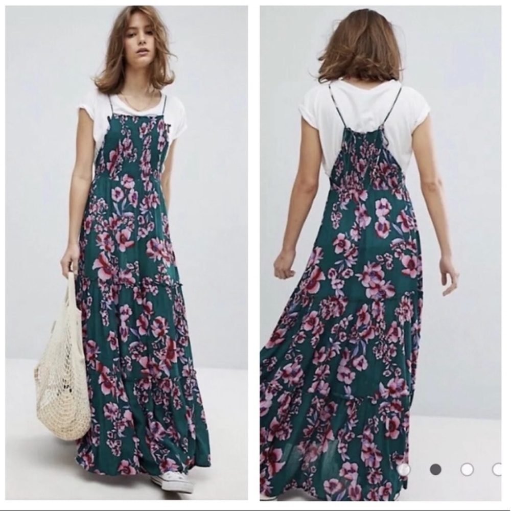 Free People Garden Party floral maxi dress in green and pink, made of 100% rayon